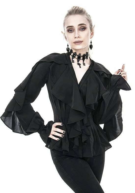 Restyle Standard Tops Black Gothic V Neck Ruffled Shirt