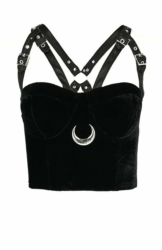Restyle Standard Tops Black Gothic Velvet Moon Harness Crop Top - Image 2