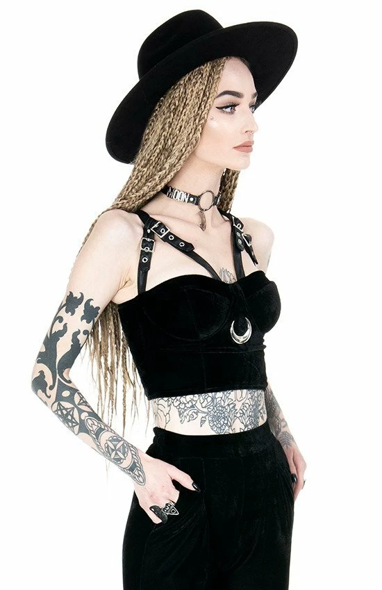 Restyle Standard Tops Black Gothic Velvet Moon Harness Crop Top - Image 3
