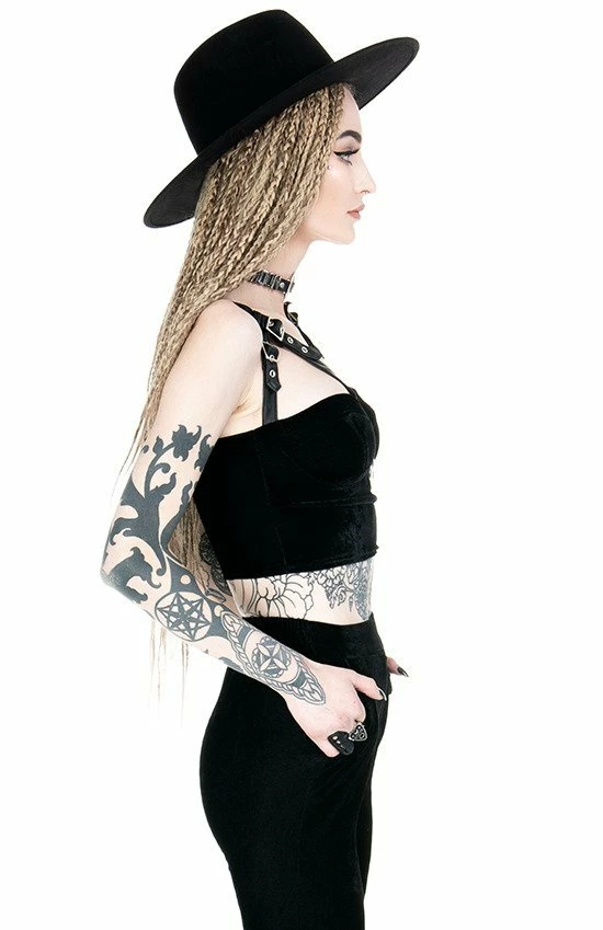 Restyle Standard Tops Black Gothic Velvet Moon Harness Crop Top - Image 4