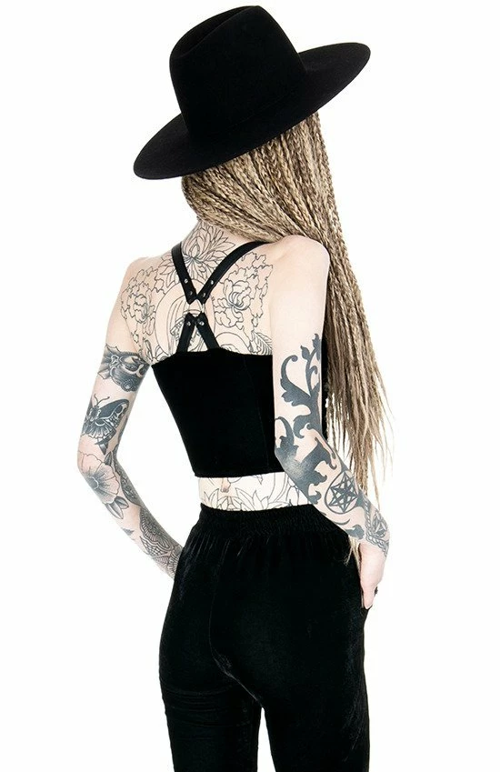 Restyle Standard Tops Black Gothic Velvet Moon Harness Crop Top - Image 5