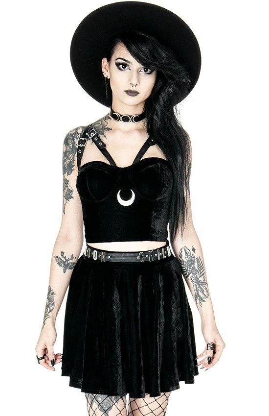 Restyle Standard Tops Black Gothic Velvet Moon Harness Crop Top - Image 6