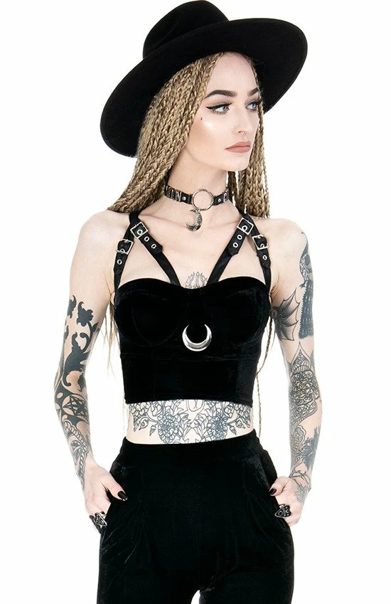 Restyle Standard Tops Black Gothic Velvet Moon Harness Crop Top