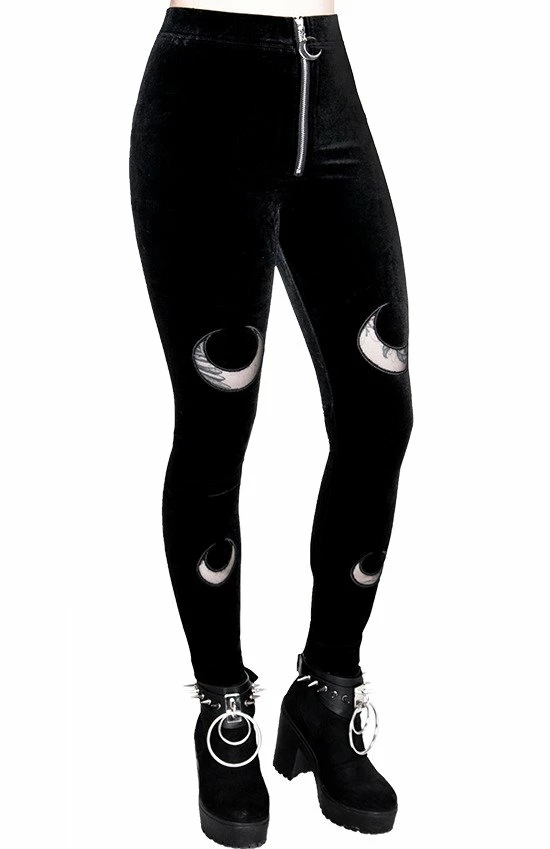 Restyle Black Gothic Zip-Up Moon Pattern Velvet Leggings - Image 2