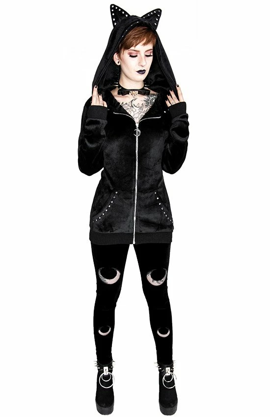Restyle Black Gothic Zip-Up Moon Pattern Velvet Leggings - Image 3