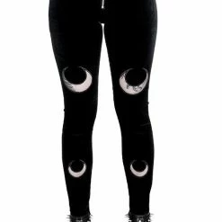 Restyle Black Gothic Zip-Up Moon Pattern Velvet Leggings