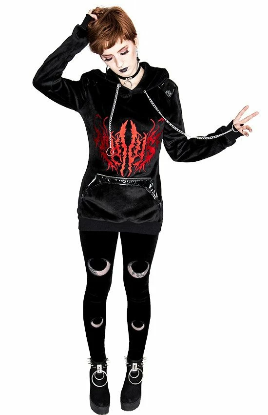 Restyle Black Gothic Zip-Up Moon Pattern Velvet Leggings - Image 4