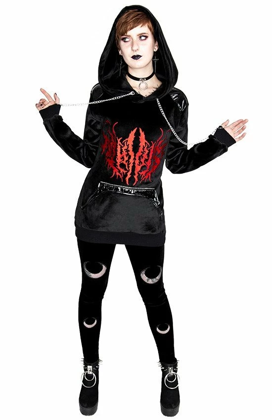 Restyle Black Gothic Zip-Up Moon Pattern Velvet Leggings - Image 5