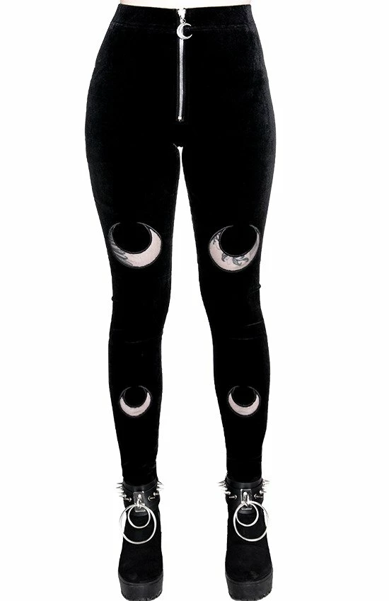 Restyle Black Gothic Zip-Up Moon Pattern Velvet Leggings