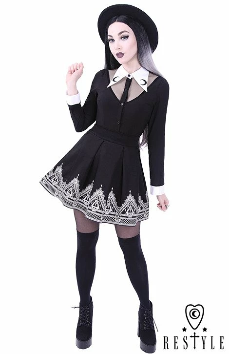 Restyle Skirts Black Henna Pattern Gothic Symbol Moon Pleated Mini Skirt - Image 2