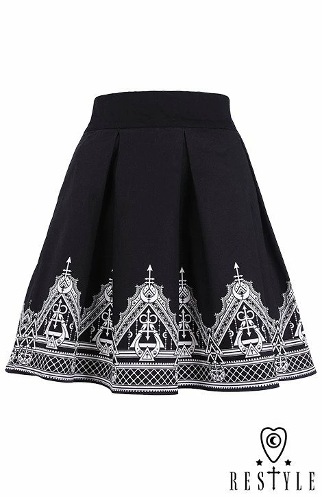 Restyle Skirts Black Henna Pattern Gothic Symbol Moon Pleated Mini Skirt - Image 3