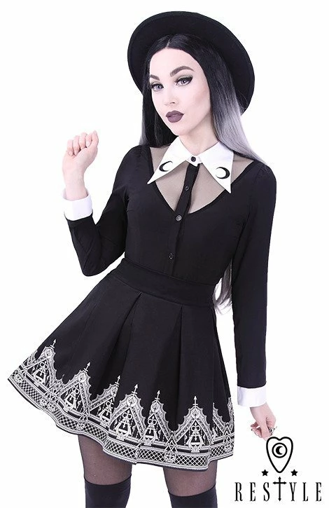 Restyle Skirts Black Henna Pattern Gothic Symbol Moon Pleated Mini Skirt