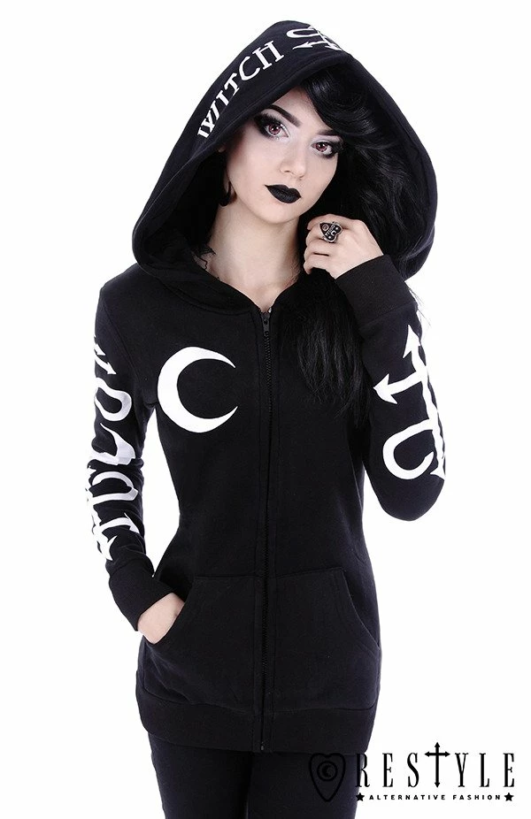 Restyle Jackets Black Oversized Hood Gothic Crescent Occult Zip-Up Jacket
