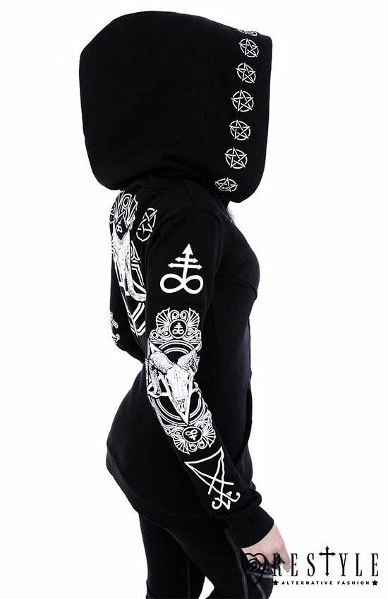 Restyle Jackets Black Oversized Hood Gothic Ram Skull Pentagram Zip-Up Jacket - Image 3