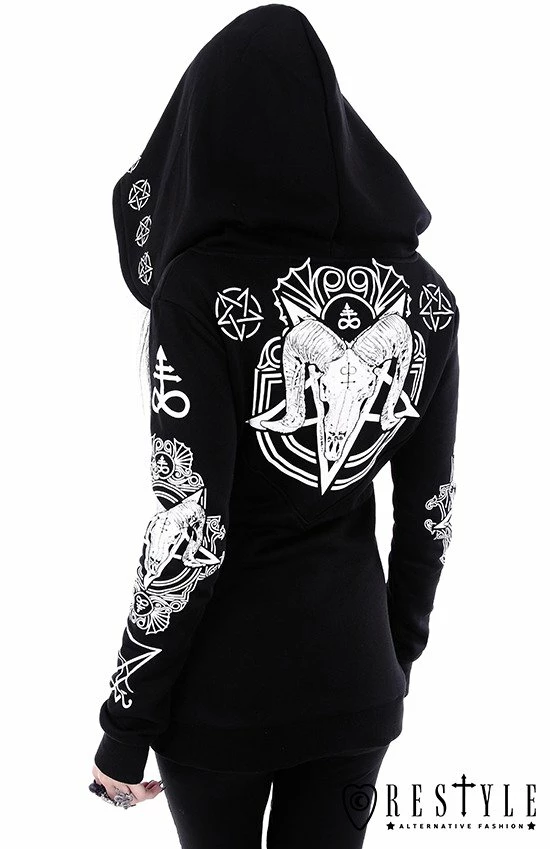 Restyle Jackets Black Oversized Hood Gothic Ram Skull Pentagram Zip-Up Jacket - Image 4
