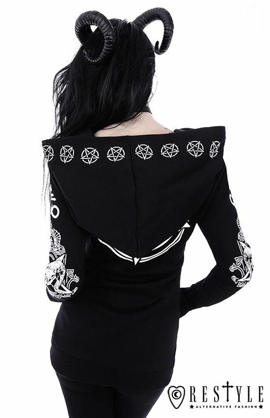Restyle Jackets Black Oversized Hood Gothic Ram Skull Pentagram Zip-Up Jacket - Image 5