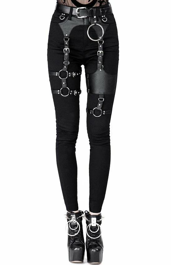 Restyle Black Punk Gothic High-Waist Slim-Fit Harness Jeans