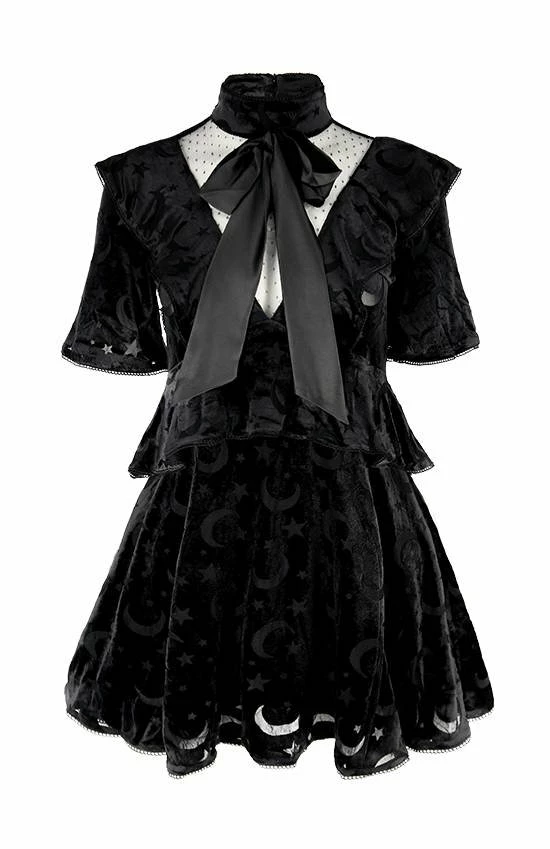 Restyle Dresses Black School Girl Gothic Crescent Star Pattern Velvet Mini Dress - Image 2
