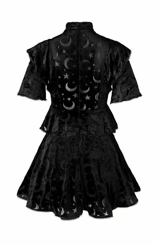Restyle Dresses Black School Girl Gothic Crescent Star Pattern Velvet Mini Dress - Image 3