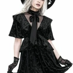 Restyle Dresses Black School Girl Gothic Crescent Star Pattern Velvet Mini Dress