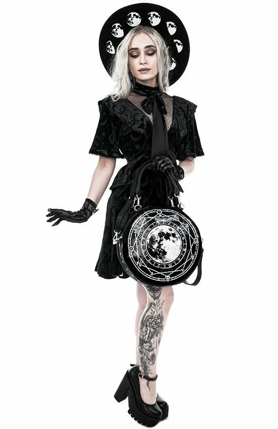 Restyle Dresses Black School Girl Gothic Crescent Star Pattern Velvet Mini Dress - Image 5