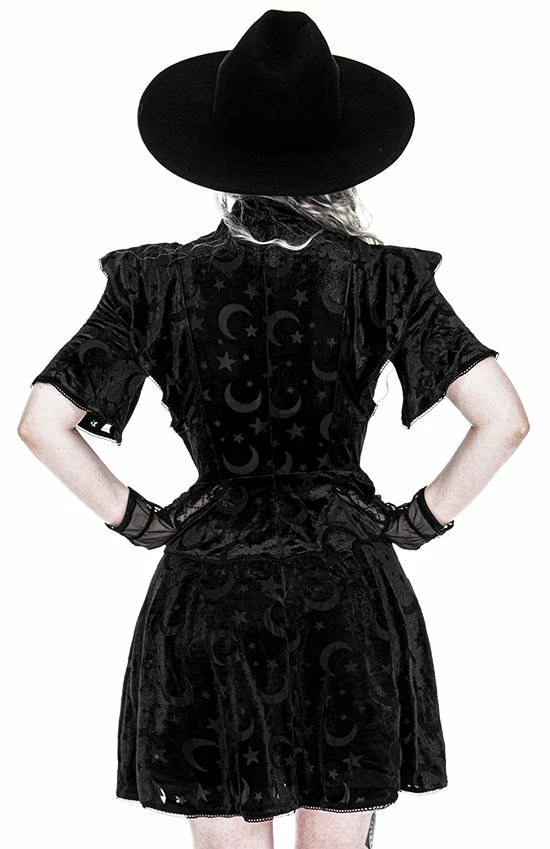 Restyle Dresses Black School Girl Gothic Crescent Star Pattern Velvet Mini Dress - Image 6