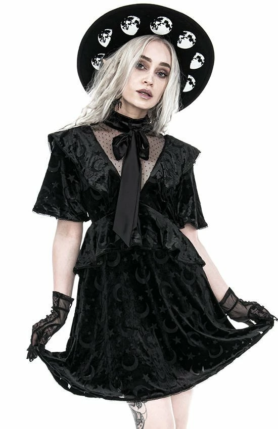 Restyle Dresses Black School Girl Gothic Crescent Star Pattern Velvet Mini Dress