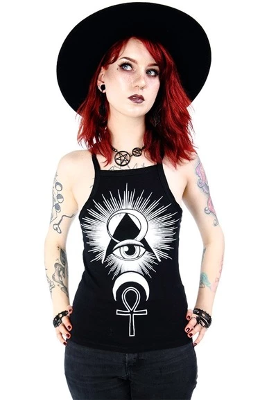 Restyle Standard Tops Black Third Eye Print Spaghetti Straps Top