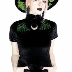 Restyle Standard Tops Black Velvet Forest Top With Embroidery Fern Velvet Top
