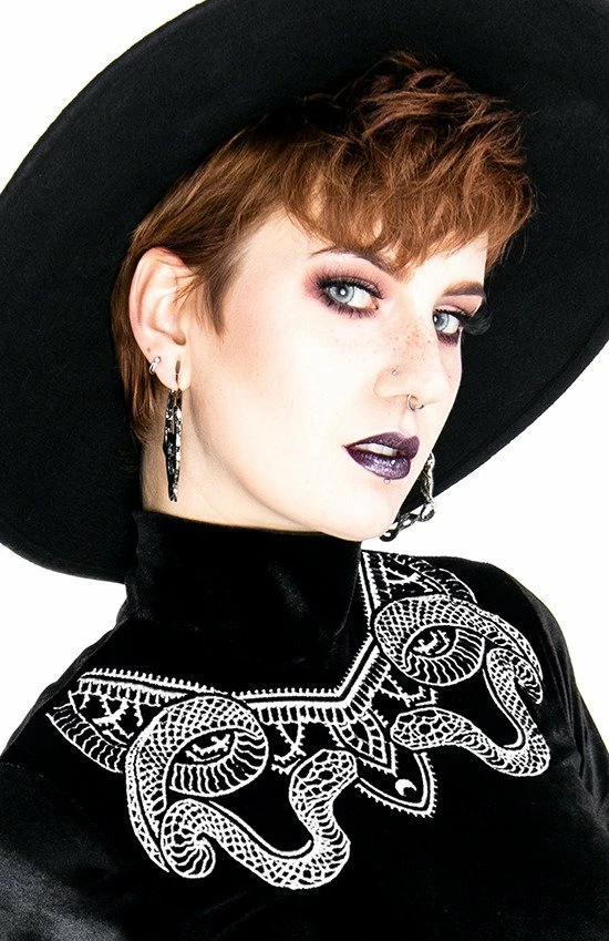 Restyle Standard Tops Black Velvet Top With Snake Embroidery - Image 2