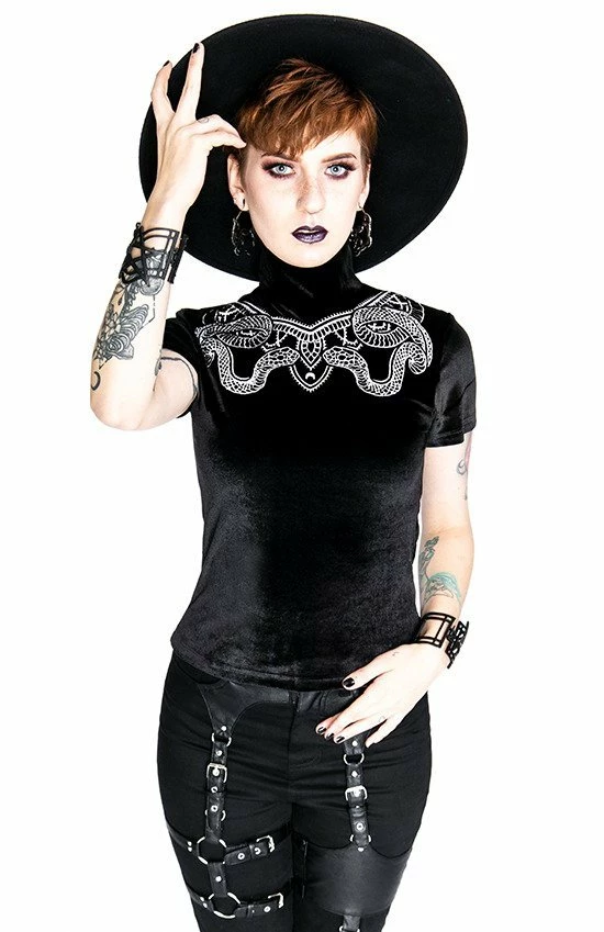 Restyle Standard Tops Black Velvet Top With Snake Embroidery - Image 3
