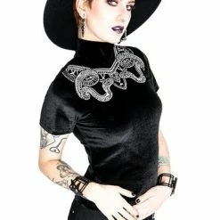 Restyle Standard Tops Black Velvet Top With Snake Embroidery