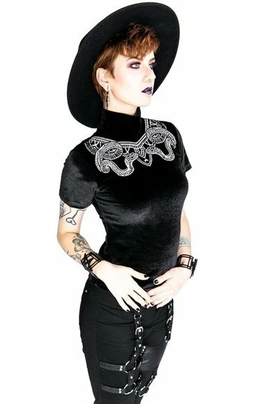 Restyle Standard Tops Black Velvet Top With Snake Embroidery - Image 4