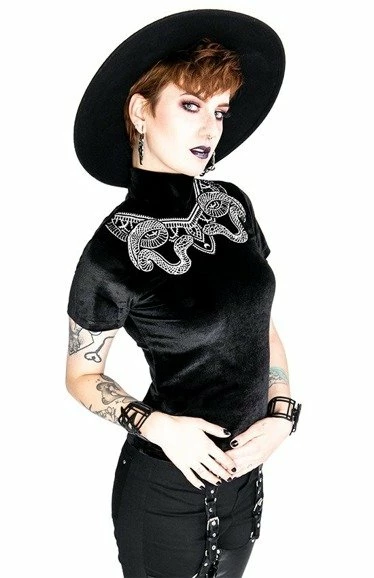 Restyle Standard Tops Black Velvet Top With Snake Embroidery