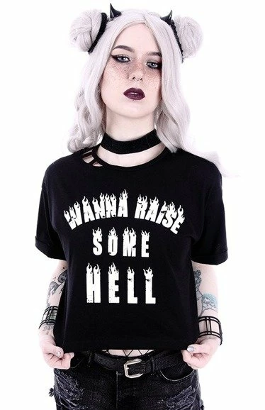 Restyle T-Shirts Burning Wanna Raise Some Hell Black Cropped T-shirt