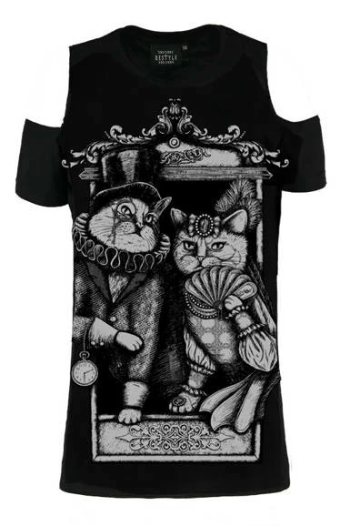 Restyle T-Shirts Cat Couple Cold Shoulder T-shirt