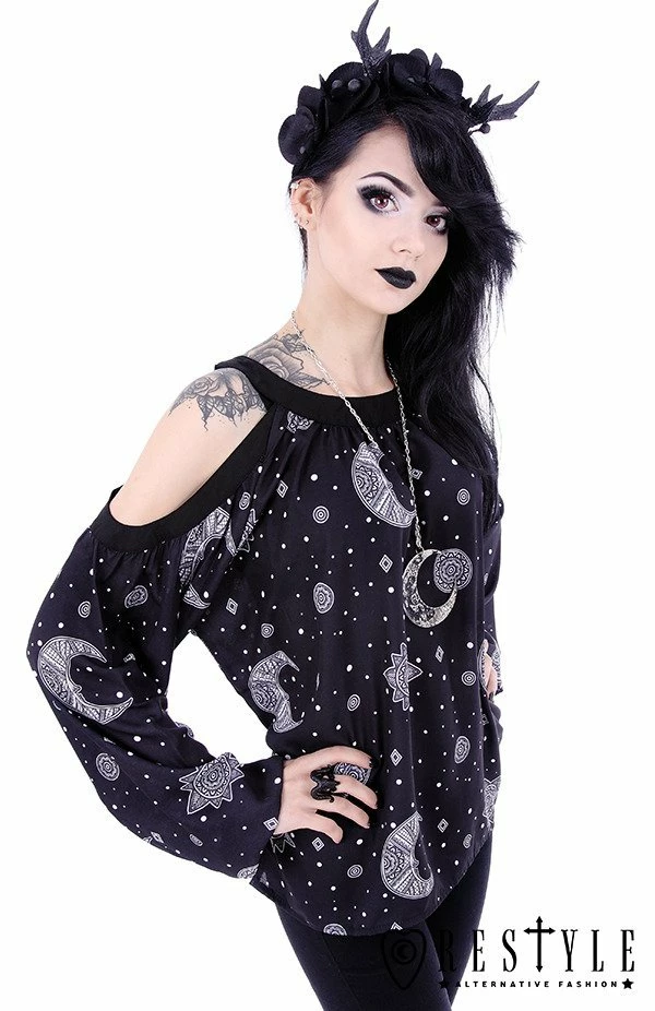 Restyle Standard Tops Crescent Moon Hippie Oversized Black Gothic Cold Shoulder Top - Image 2