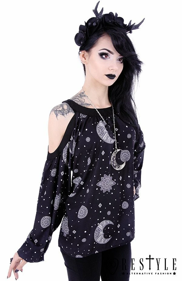 Restyle Standard Tops Crescent Moon Hippie Oversized Black Gothic Cold Shoulder Top - Image 3