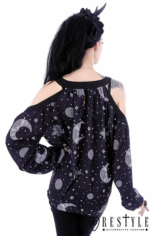 Restyle Standard Tops Crescent Moon Hippie Oversized Black Gothic Cold Shoulder Top - Image 4