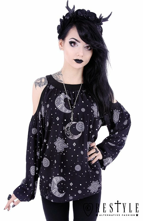 Restyle Standard Tops Crescent Moon Hippie Oversized Black Gothic Cold Shoulder Top