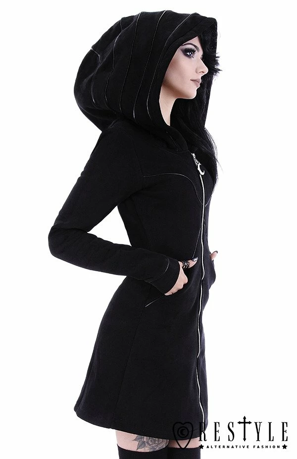 Restyle Jackets Faux Leather Trimming Black Gothic Oversized Layered Hood Long Jacket - Image 2