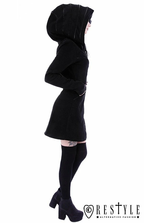 Restyle Jackets Faux Leather Trimming Black Gothic Oversized Layered Hood Long Jacket - Image 4
