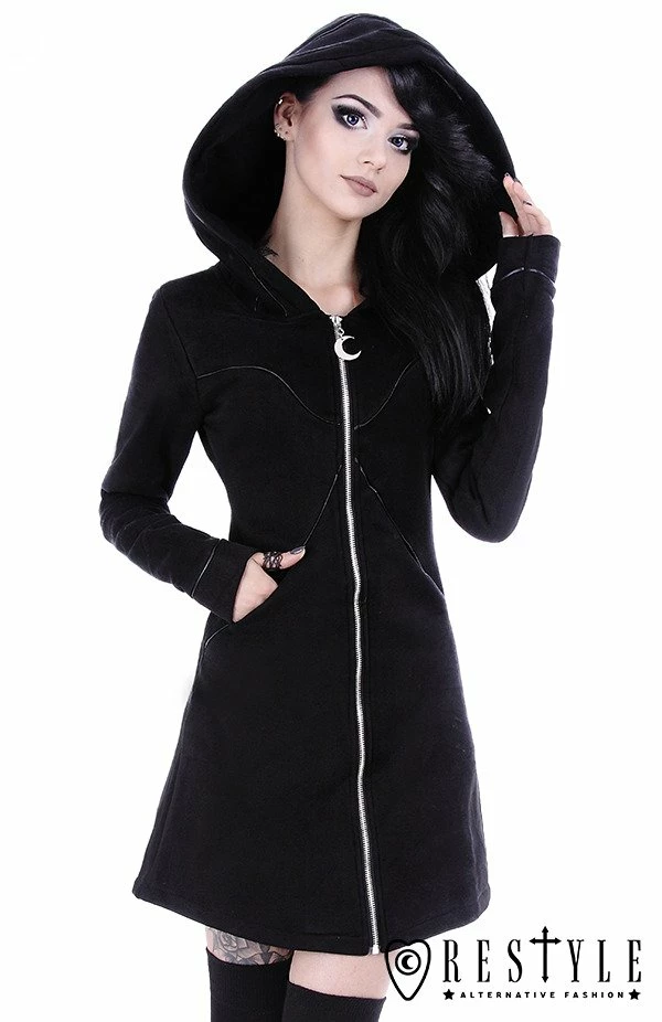 Restyle Jackets Faux Leather Trimming Black Gothic Oversized Layered Hood Long Jacket