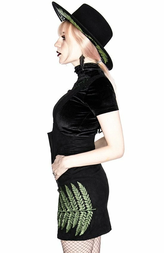 Restyle Dresses Fern Pattern Black Gothic Suede Suspender Mini Dress - Image 4