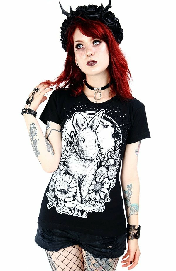 Restyle T-Shirts Floral Moon Bunny Print Black T-shirt - Image 2