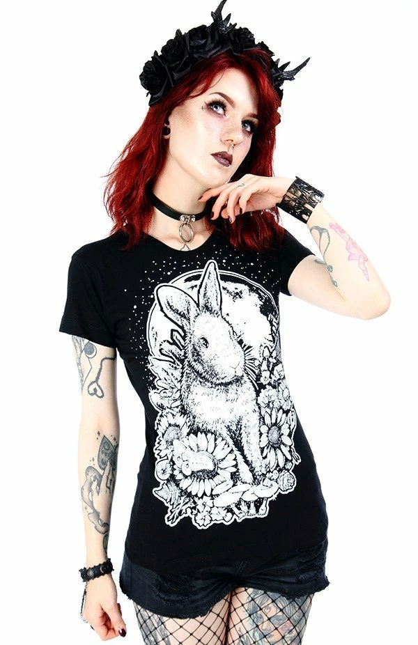 Restyle T-Shirts Floral Moon Bunny Print Black T-shirt - Image 3