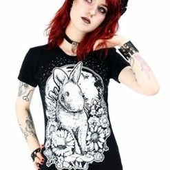 Restyle T-Shirts Floral Moon Bunny Print Black T-shirt