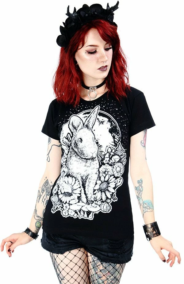 Restyle T-Shirts Floral Moon Bunny Print Black T-shirt - Image 4