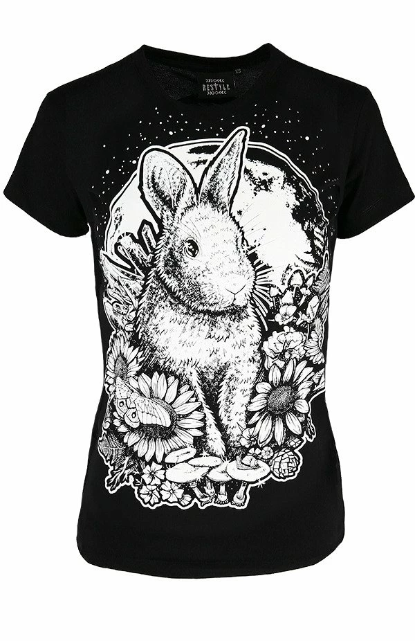 Restyle T-Shirts Floral Moon Bunny Print Black T-shirt - Image 5
