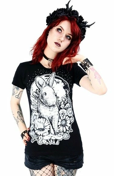 Restyle T-Shirts Floral Moon Bunny Print Black T-shirt
